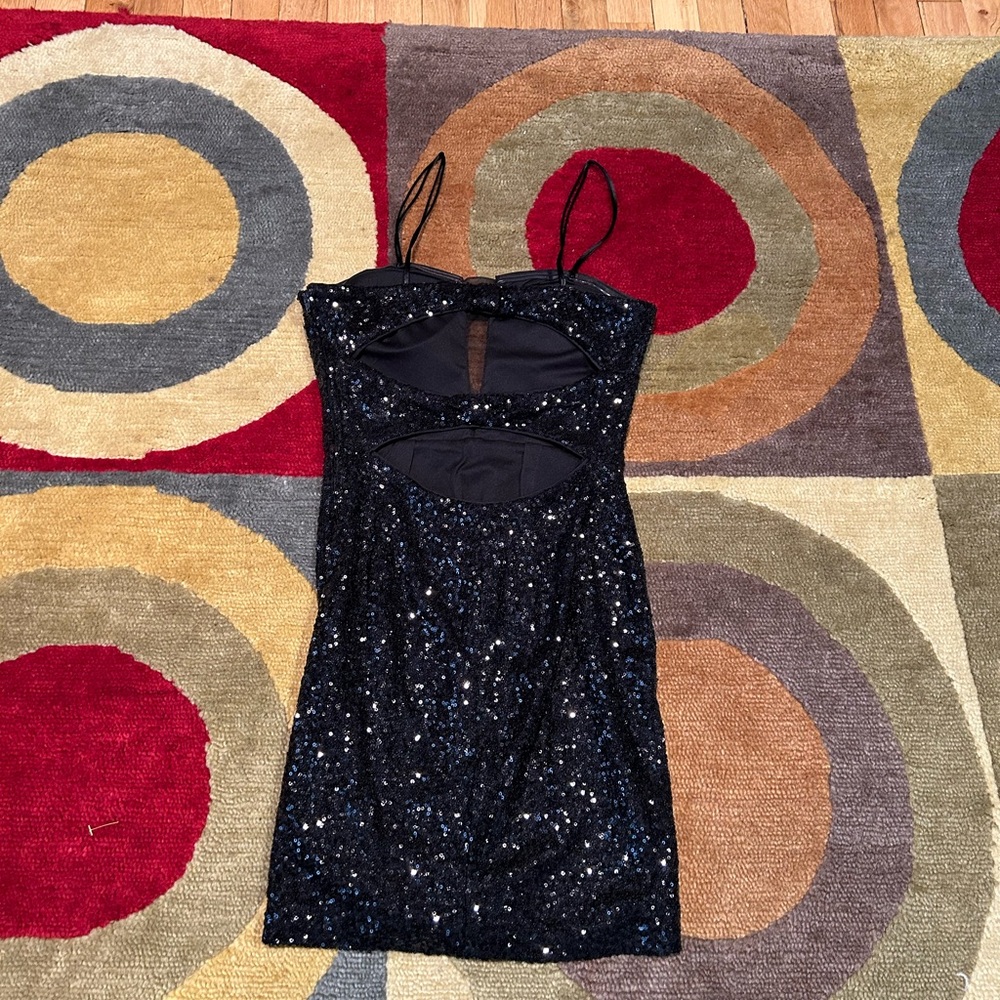 Hailey Logan by Adrianna Papell Black Sequin Mesh Front Open Back Mini Dress S - Picture 6 of 11